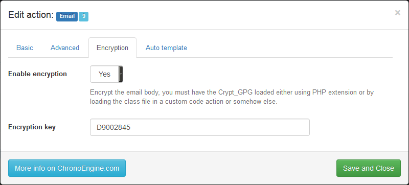 Chronoforms v5 email encryption gui prompt with gpg ID field. chronoforms v5 gpg id field