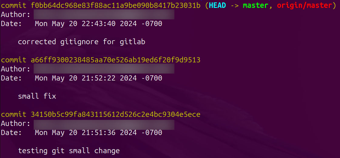 Recent logs of git actions.