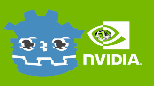 The GODOT logo screen tearing next to the NVIDIA logo on a key-lime green background.