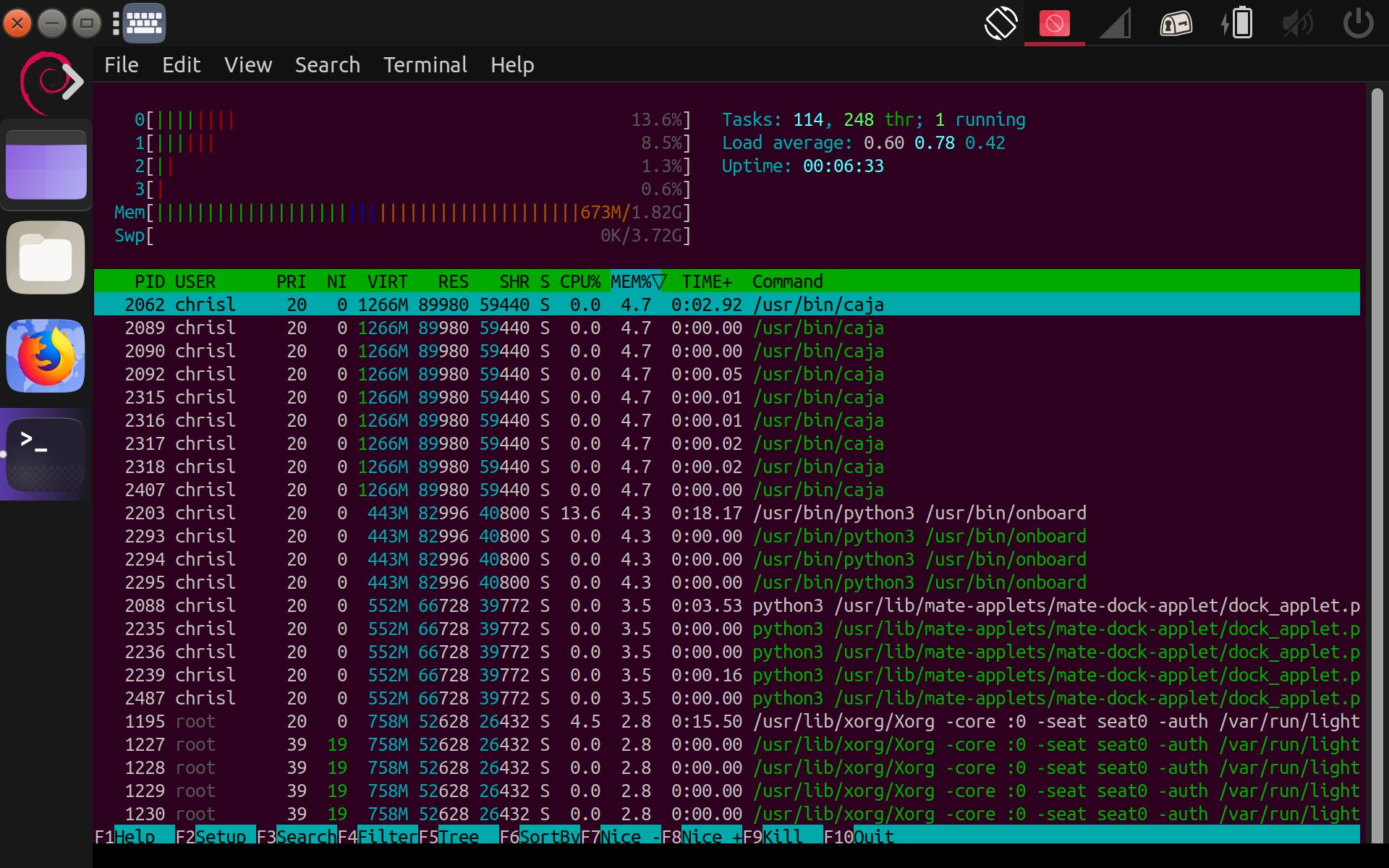 Htop displays huge RAM usage sitting idle.