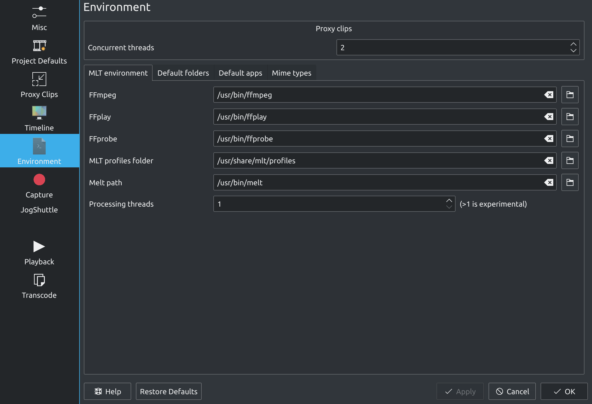 ffmpeg correct paths MLT environment settings